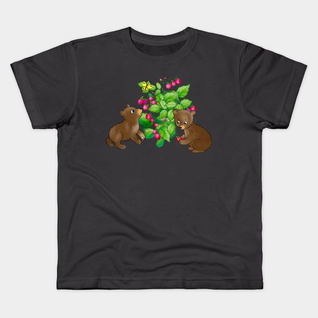 cartoon bear cubs on a background of raspberries and flowers Kids T-Shirt by sonaart